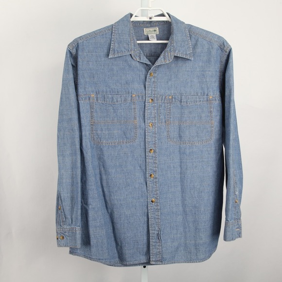 LL Bean Shirt Mens XL Blue Chambray Denim Button Front Workwear Pockets - Picture 2 of 9